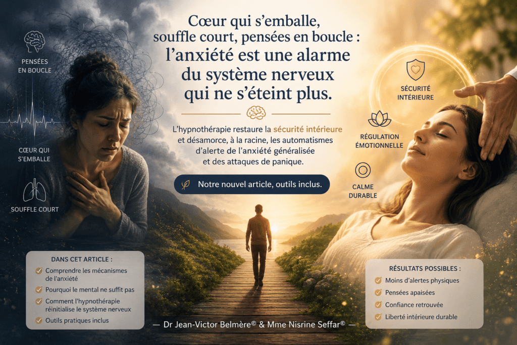 Cœur qui s’emballe, souffle court, pensées en boucle : l’anxiété est une alarme du système nerveux qui ne s’éteint plus. L’hypnothérapie restaure la sécurité intérieure et désamorce, à la racine, les automatismes d’alerte de l’anxiété généralisée et des attaques de panique. Notre nouvel article, outils inclus. — Dr Jean-Victor Belmère© & Mme Nisrine Seffar©