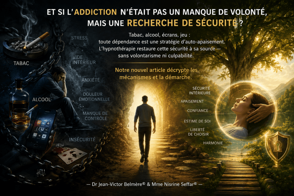 Et si l’addiction n’était pas un manque de volonté, mais une recherche de sécurité ? Tabac, alcool, écrans, jeu : toute dépendance est une stratégie d’auto-apaisement. L’hypnothérapie restaure cette sécurité à sa source — sans volontarisme ni culpabilité. Notre nouvel article décrypte les mécanismes et la démarche. — Dr Jean-Victor Belmère© & Mme Nisrine Seffar©