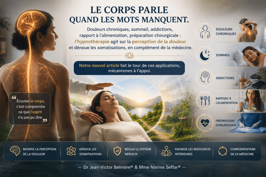 Le corps parle quand les mots manquent. Douleurs chroniques, sommeil, addictions, rapport à l’alimentation, préparation chirurgicale : l’hypnothérapie agit sur la perception de la douleur et dénoue les somatisations, en complément de la médecine. Notre nouvel article fait le tour de ces applications, mécanismes à l’appui. — Dr Jean-Victor Belmère© & Mme Nisrine Seffar©