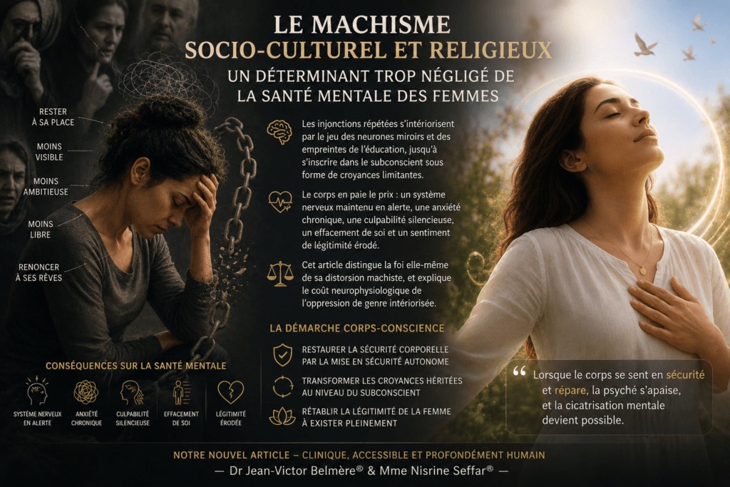 Le machisme socio-culturel et religieux n’est pas qu’un débat de société : il s’inscrit dans le corps des femmes. Injonctions à se diminuer, anxiété silencieuse, culpabilité, effacement de soi. L’hypnothérapie Corps-Conscience aide à transformer ces croyances et à restaurer la légitimité à exister.