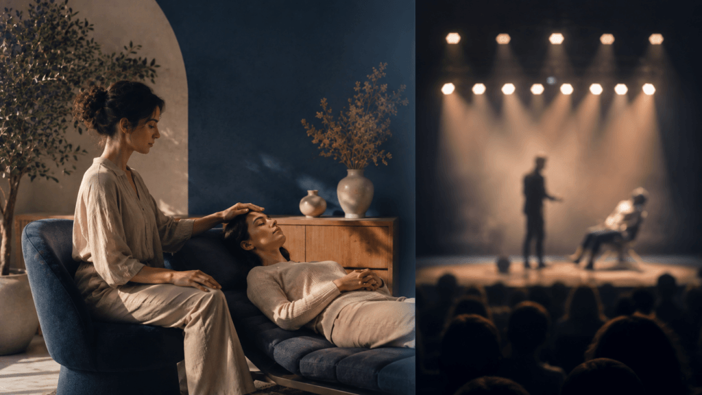 Soin ou divertissement ? On confond trop souvent deux pratiques que tout oppose. L’hypnose de spectacle met en scène des volontaires sélectionnés ; l’hypnothérapie médicale est un acte de soin encadré, validé par les neurosciences. Notre nouvel article clarifie cette différence décisive — et lève la principale réticence à consulter. — Dr Jean-Victor Belmère© & Mme Nisrine Seffar©